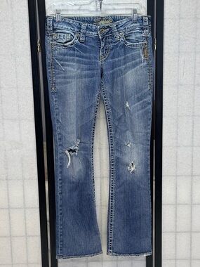 Silver Low Rise Pioneer Bootcut Distressed Jeans Faded Medium Wash Denim 28/31